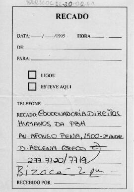 Recado recebido por Elizabeth Leeds da Coordenadoria dos Direitos Humanos da PBH