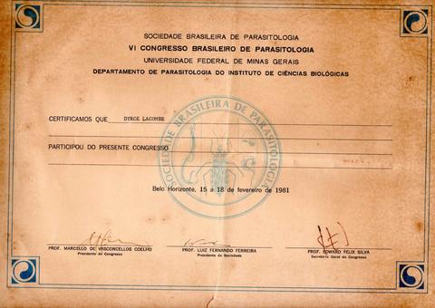 Certificado de Particiação no VI Congresso Brasileiro de Parasitologia