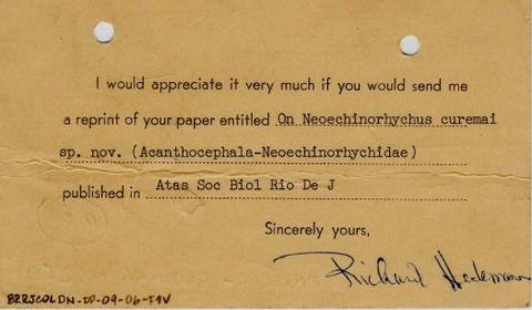 Correspondência escrita por Dr. Richard Heckmann solicitando envio de artigo à Dely Noronha
