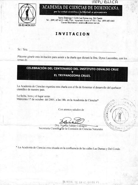 Convite para Palestra de Dyrce Lacombe sobre o Centenário do Instituto Oswaldo Cruz e o Trypanoso...