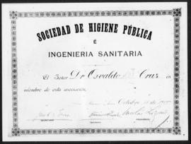 Diploma concedido a Oswaldo Cruz pela Sociedade Argentina de Higiene Pública em Ingenieria Sanita...