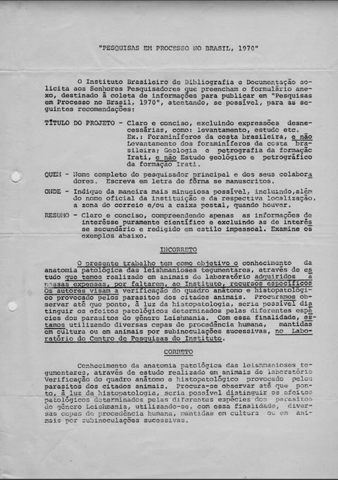 Questionário para coleta de dados para publicar as "Pesquisas em Processo no Brasil - 1970&q...
