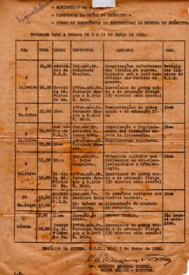 Programação semanal do Curso de Enfermeiras de Emergência da Reserva do Exército