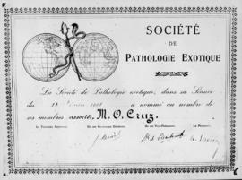 Fotografia de diploma de Oswaldo Cruz concedido pela Societé de Pathologie Exotique