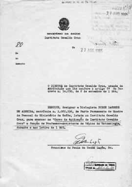 Resolução que designa Dyrce Lacombe como professora assistente do tópico de Entomologia