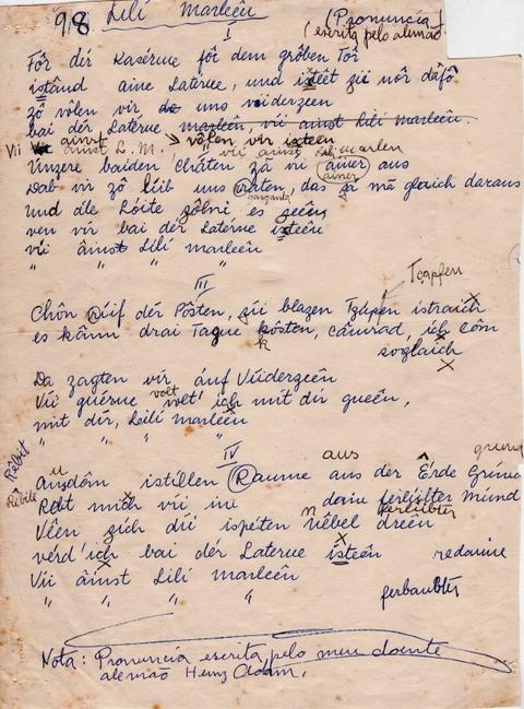 Trecho manuscrito da música Lili Marleen