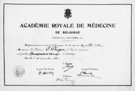 Nomeação de correspondente estrangeiro da Académie Royale de Médicine de Belgique. Bruxelas