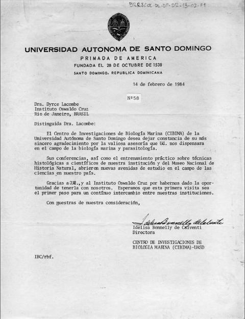Carta de Agradecimento da Universidad Autonoma de Santo Domingo à Dyrce Lacombe