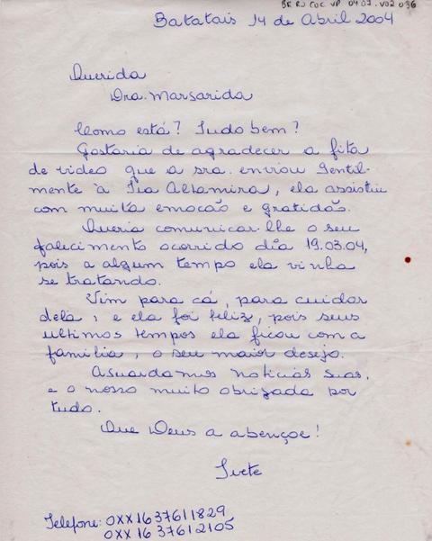 Carta de Ivete (sobrinha de Altamira Valadares) à Margarida Bernardes