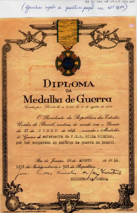 Diploma da Medalha de Guerra de Hilda Ribeiro