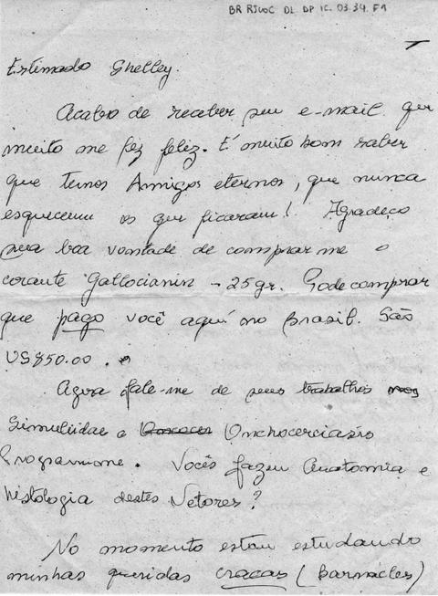 Carta manuscrita por Dyrce Lacombe