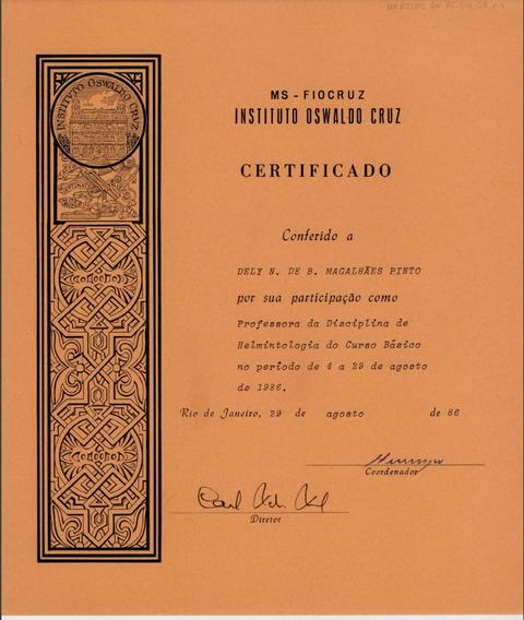 Certificado de atuação como professora na disciplina de Helmintologia no ano de 1986